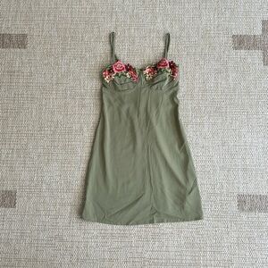 SHEIN Floral Embroidered Bust Olive Green Dress XS